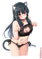 Rule 34 | 1girl, animal ears, bell, black bra, black choker, black hair, black panties, blush, bra, breasts, cat bra, cat cutout, cat ear panties, cat ears, cat lingerie, cat tail, choker, cleavage, cleavage cutout, closed mouth, clothing cutout, collarbone, ebifurya, highres, isokaze (kancolle), jingle bell, kantai collection, kemonomimi mode, large breasts, long hair, looking at viewer, medium breasts, meme attire, navel, neck bell, panties, paw pose, red eyes, side-tie panties, simple background, solo, stomach, tail, twintails, twitter username, underwear, underwear only, white background