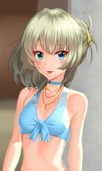 Rule 34 | 10s, 1girl, :d, absurdres, arms at sides, bare arms, bare shoulders, bikini, blonde hair, blue bikini, blue eyes, blush, breasts, choker, collarbone, eyebrows, eyelashes, front-tie top, green eyes, heterochromia, highres, idolmaster, idolmaster cinderella girls, jewelry, looking at viewer, midriff, mole, mole under eye, necklace, open mouth, pink lips, small breasts, smile, solo, swimsuit, taka (takahirokun), takagaki kaede, tsurime, upper body
