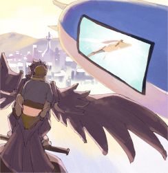 Rule 34 | 1boy, aircraft, brown footwear, building, cabbie (pokemon), commentary request, corviknight, creatures (company), day, dirigible, from behind, fur-trimmed jacket, fur trim, game freak, gen 3 pokemon, gen 8 pokemon, grey pants, jacket, male focus, milotic, nintendo, outdoors, p-40 (tukinosita-de), pants, pokemon, pokemon (creature), pokemon swsh, riding, riding pokemon, shoes