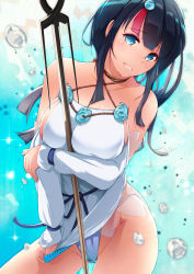 Rule 34 | 1girl, absurdres, bare shoulders, black hair, blue background, blue eyes, blue ribbon, blush, breasts, collarbone, dermar, dress, fate/grand order, fate/requiem, fate (series), fundoshi, gradient background, highres, japanese clothes, jewelry, large breasts, long sleeves, looking at viewer, magatama, magatama hair ornament, medium hair, multicolored hair, necklace, pelvic curtain, pink hair, polearm, puffy long sleeves, puffy sleeves, ribbon, seigaiha, short dress, sideboob, sideless outfit, smile, spear, streaked hair, thighs, utsumi erice, water drop, weapon, white dress