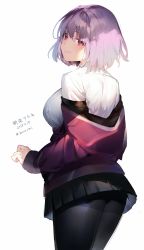 Rule 34 | 10s, 1girl, absurdres, breasts, closed mouth, collared shirt, commentary request, from behind, gridman universe, hair between eyes, highres, jacket, large breasts, light purple hair, long sleeves, looking back, off shoulder, pantyhose, pink eyes, pleated skirt, purple jacket, shinjou akane, shirt, short hair, skirt, sleeves past wrists, smile, ssss.gridman, umibouzu (niito), white shirt