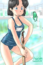 Rule 34 | 00s, 1girl, 2004, aliasing, artist name, awatake takahiro, black hair, blue eyes, blush, cleaning, dated, frog, parted bangs, pool, scared, school swimsuit, short hair, solo, swimsuit