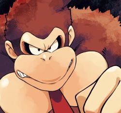 Rule 34 | 1boy, angry, black background, black eyes, donkey kong, donkey kong (series), furry, furry male, glaring, looking at viewer, minashirazu, mouth hold, muscular, muscular male, necktie, nintendo, no humans, simple background, solo, teeth, teeth hold