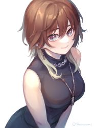 Rule 34 | 1girl, absurdres, aketa mikoto, bare arms, bare shoulders, black shirt, black skirt, breasts, brown eyes, brown hair, closed mouth, commentary request, earrings, from above, gradient eyes, gradient hair, hair between eyes, highres, idolmaster, idolmaster shiny colors, jewelry, medium breasts, medium hair, multicolored eyes, multicolored hair, necklace, pendant, shiroromi, shirt, signature, skirt, sleeveless, sleeveless shirt, sleeveless turtleneck, smile, solo, turtleneck, v arms, white background