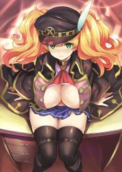 Rule 34 | 1girl, areola slip, bandaid, bandaid on face, belly, blonde hair, blush, boots, breasts, cleavage, feathers, granblue fantasy, green eyes, hat, jacket, kztk, large breasts, long hair, looking at viewer, monika weisswind, navel, nipple slip, nipples, peaked cap, pleated skirt, sitting, skirt, smile, solo, thighhighs, twintails, wavy hair