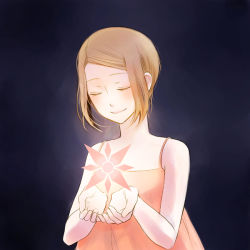Rule 34 | 1girl, brown hair, cecily, closed mouth, digimon, digimon adventure 02, dress, closed eyes, short hair, simple background, smile, solo, yagami hikari