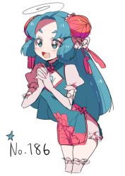 Rule 34 | 1girl, ahoge, alternate color, bad id, bad pixiv id, blue dress, blue hair, blush, breasts, bun cover, china dress, chinese clothes, cleavage, cleavage cutout, clothing cutout, colored eyelashes, creatures (company), cropped legs, double bun, dress, elbow gloves, eyebrows, game freak, gen 2 pokemon, gloves, hair bun, interlocked fingers, kz 609, long hair, nintendo, no panties, own hands clasped, own hands together, personification, pink gloves, pink thighhighs, pokedex number, pokemon, pokemon gsc, politoed, puffy short sleeves, puffy sleeves, shiny pokemon, short dress, short sleeves, simple background, small breasts, solo, star (symbol), thick eyebrows, thighhighs, white background