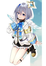 Rule 34 | 1girl, absurdres, amane kanata, angel wings, armband, black footwear, black skirt, blue hair, bob cut, boots, closed mouth, colored inner hair, commentary, eyes visible through hair, finger to mouth, flat chest, floating, full body, hair between eyes, halo, highres, hololive, index finger raised, jacket, multicolored hair, noah pi, pink hair, plaid, plaid legwear, purple eyes, shin strap, short hair, silver hair, simple background, single hair intake, skirt, smile, socks, solo, star halo, streaked hair, thighs, turtleneck, virtual youtuber, white background, white jacket, wings