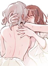 Rule 34 | 2girls, blush, breasts, closed eyes, commentary request, girl on top, grey hair, hand on another&#039;s back, hand on another&#039;s head, korean commentary, long hair, love live!, love live! sunshine!!, medium breasts, medium hair, multiple girls, open clothes, open shirt, parted lips, pito (sh02327), red hair, sakurauchi riko, shirt, simple background, sweat, topless, watanabe you, white background, white shirt, yuri