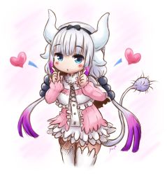 Rule 34 | 10s, 1girl, artist name, beads, blue eyes, blunt bangs, blush, capelet, commentary request, dragon girl, dragon horns, dress, gradient hair, hair beads, hair ornament, hairband, horns, kanna kamui, kobayashi-san chi no maidragon, light purple hair, long hair, looking at viewer, mahoxyshoujo, multicolored hair, pink hair, signature, solo, tail, thighhighs, twintails, white hair, white thighhighs