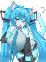 Rule 34 | 1girl, animal ear fluff, animal ears, black skirt, black sleeves, black thighhighs, blue eyes, blue hair, blue necktie, blush, breast suppress, breasts, cat ears, cat girl, cat tail, commentary request, cowboy shot, dated, detached sleeves, fangs, furrification, furry, furry female, grey shirt, half-closed eyes, hatsune miku, highres, horokusa (korai), large breasts, leaning forward, long hair, long sleeves, looking at viewer, medium bangs, miniskirt, necktie, open mouth, pleated skirt, shirt, simple background, skin fangs, skirt, sleeveless, sleeveless shirt, smile, solo, tail, tail raised, thighhighs, tongue, tongue out, twintails, very long hair, vocaloid