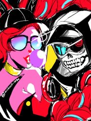Rule 34 | 1boy, 1girl, baseball cap, blowing bubbles, celestine (persona 5), chewing gum, colored skin, commentary, diffraction spikes, english commentary, goggles, hat, headphones, headphones around neck, highres, hood, hood up, lipstick, looking at viewer, makeup, mich, persona, persona 5, persona 5 the royal, pink skin, red hair, red lips, sunglasses, twitter username, william (persona 5)