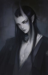 Rule 34 | 1boy, aoshi (nat the lich), black eyeshadow, black hair, black kimono, black lips, blue background, blue scarf, eyeshadow, grey eyes, grey skirt, highres, horns, japanese clothes, kimono, lip ring, long hair, makeup, male focus, nat the lich, original, painterly, pectoral cleavage, pectorals, pointy ears, portrait, scales, scarf, simple background, skirt, solo, straight hair