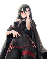 Rule 34 | 1girl, absurdres, bare shoulders, black bodysuit, black coat, black hair, blush, bodysuit, breasts, closed mouth, coat, covered navel, cowboy shot, cryturtle, embarrassed, frown, gluteal fold, hair over one eye, highres, long hair, looking at viewer, medium breasts, nose blush, off shoulder, open clothes, open coat, original, red eyes, short sleeves, simple background, skin tight, skindentation, solo, spread navel, thigh strap, very long hair, white background