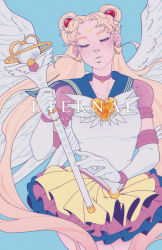 Rule 34 | 1girl, 6iirls, bishoujo senshi sailor moon, blonde hair, blue background, blue sailor collar, blue skirt, brooch, character name, choker, closed eyes, commentary, cowboy shot, crescent, crescent brooch, crescent earrings, crescent facial mark, double bun, earrings, elbow gloves, english commentary, english text, eternal sailor moon, eternal tiare, facial mark, feathered wings, forehead mark, gloves, hair bun, hair ornament, heart, heart brooch, heart choker, holding, holding staff, jewelry, layered skirt, long hair, miniskirt, multicolored clothes, multicolored skirt, parted bangs, parted lips, pink choker, pink skirt, puffy short sleeves, puffy sleeves, sailor collar, sailor moon, sailor senshi uniform, see-through, see-through sleeves, short sleeves, skirt, solo, staff, star (symbol), star earrings, tsukino usagi, twintails, very long hair, waist brooch, white gloves, white wings, wing brooch, wings, yellow skirt