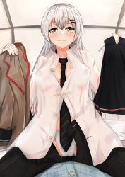 Rule 34 | 1girl, absurdres, black necktie, black pants, black skirt, blush, breasts, brown jacket, clothes, covered erect nipples, girls&#039; frontline, grey eyes, highres, holding, holding clothes, huge filesize, jacket, long hair, looking at viewer, medium breasts, muteppona hito, necktie, no bra, panties, pants, see-through, shirt, silver hair, sitting, sitting on person, skirt, smile, solo, svd (girls&#039; frontline), underwear, white panties, white shirt