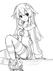 Rule 34 | 10s, 1girl, bad id, bad pixiv id, d-pad, female focus, greyscale, hair ornament, hood, hoodie, long hair, monochrome, neptune (neptunia), neptune (series), no pants, open mouth, panties, purple heart (neptunia), sitting, sketch, smile, solo, striped clothes, striped thighhighs, thighhighs, underwear, yu-ves