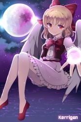 Rule 34 | 1girl, bad id, bad twitter id, blonde hair, bow, dress, gengetsu (touhou), hair bow, highres, moon, night, papo, red bow, red eyes, ribbon, short hair, solo, touhou, touhou (pc-98), wings
