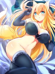 Rule 34 | 1girl, animal ears, bad id, bad pixiv id, blonde hair, blue bra, blue eyes, blue thighhighs, blush, bottomless, bow, bra, breasts, cleavage, elbow gloves, fox ears, fox tail, futaba aoi (naomi), gloves, large breasts, long hair, looking at viewer, lying, nanashin naomi, no panties, on back, open mouth, original, sketch, solo, tail, thighhighs, underwear, very long hair