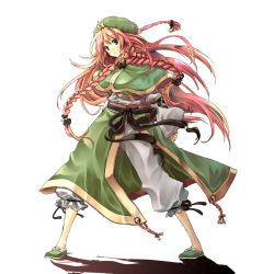 Rule 34 | 1girl, alternate costume, braid, china dress, chinese clothes, collaboration, colorized, dress, female focus, full body, hat, highres, hong meiling, kinntarou, kintaro, long hair, red hair, shadow, solo, touhou, twin braids, white background, winter clothes