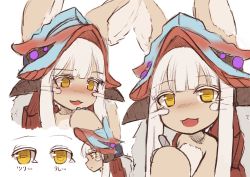 Rule 34 | 1girl, :3, :d, animal ears, blush, commentary request, from side, furry, hat, highres, horizontal pupils, horns, long hair, looking at viewer, made in abyss, multiple views, nanachi (made in abyss), open mouth, profile, ria (efikrisia), smile, whiskers, white hair