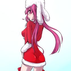 Rule 34 | 1girl, bleach, boots, breasts, christmas, commentary request, dokugamine riruka, dress, hanya (hanya yashiki), hat, long hair, looking at viewer, open mouth, purple eyes, purple hair, simple background, solo, thigh boots, thighhighs, twintails, white background