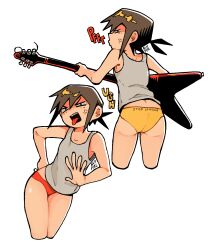 Rule 34 | 1girl, anger vein, artist name, ass, bent over, blupixl, brown hair, commentary, cropped legs, electric guitar, english commentary, grey tank top, guitar, half-closed eyes, highres, holding, holding instrument, instrument, open mouth, original, panties, red panties, signature, tank top, tongue, tongue out, underwear, underwear only, v-shaped eyebrows, yellow panties
