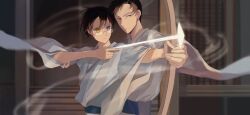 Rule 34 | 2boys, aiming, archery, arrow (projectile), blue sash, blurry, blurry background, bow (weapon), brown hair, closed mouth, commentary, doumeki shizuka, energy arrow, floating clothes, glasses, guiding hand, hair behind ear, hair between eyes, hand on another&#039;s arm, hand on another&#039;s hand, helping, heterochromia, highres, long sleeves, male focus, multiple boys, outdoors, parted bangs, partially shaded face, rimless eyewear, robe, sash, shouji, shusuzu, sliding doors, stairs, upper body, watanuki kimihiro, weapon, white robe, wind, wooden porch, xxxholic, yellow eyes