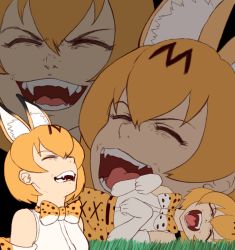 Rule 34 | 10s, 1girl, animal ears, bare shoulders, bow, bowtie, brown hair, commentary request, derivative work, elbow gloves, fangs, finalcake, gloves, happy, kemono friends, laughing, laughing tom cruise (meme), meme, multiple views, parody, photo-referenced, serval (kemono friends), serval print, sharp teeth, simple background, smile, teeth, tom cruise, white background, white gloves, zoom layer