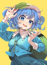 Rule 34 | 1girl, absurdres, blue eyes, blue hair, blue shirt, blue skirt, breasts, e sdss, fingernails, frilled shirt collar, frills, hands up, hat, highres, kawashiro nitori, key, open mouth, shirt, short hair, simple background, skirt, small breasts, smile, solo, sweat, touhou, two side up, uneven eyes, yellow background