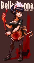 Rule 34 | 1girl, apron, belladonna (thrill kill), black hair, blood, blood on face, bloody weapon, breasts, brown eyes, character name, cleavage, copyright name, dress, high heels, highres, lipstick, maid, maid apron, maid headdress, makeup, md5 mismatch, medium breasts, riding crop, shioinu kemushi, short hair, solo, thighhighs, thrill kill, waist apron, weapon, wrist cuffs, zettai ryouiki