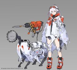 Rule 34 | ahoge, bandage on face, bandages, black shirt, blood, blood on clothes, buckle, capelet, cascadia (neural cloud), charm (object), circular saw, first aid kit, ghost, girls&#039; frontline neural cloud, goggles, goggles on head, green eyes, grey background, highres, ierotak, jackhammer, knee pads, low twintails, mole, mole under eye, non-humanoid robot, official art, orange footwear, orange goggles, pink hair, robot, saw, shirt, simple background, strap, torn capelet, torn clothes, twintails, zipper