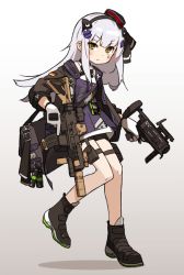 Rule 34 | 1girl, amonitto, assault rifle, blush, boots, commentary request, dual wielding, explosive, full body, girls&#039; frontline, gloves, gradient background, green eyes, grenade, grenade launcher, grey background, grey hair, gun, h&amp;k hk416, hair ornament, hand grenade, heckler &amp; koch, hk416 (girls&#039; frontline), hk416 (mod3) (girls&#039; frontline), holding, jacket, long hair, looking at viewer, m320, mod3 (girls&#039; frontline), modular weapon system, pouch, rifle, solo, stand-alone configuration, standing, standing on one leg, transforming weapon, weapon, white gloves