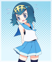 Rule 34 | 1girl, adapted costume, bare arms, black thighhighs, blue eyes, blue hair, blue sailor collar, blue skirt, blush, bright pupils, collarbone, commentary request, creatures (company), flying sweatdrops, freckles, game freak, hairband, highres, kouzuki (reshika213), lana (pokemon), nintendo, no sclera, one-piece swimsuit, open mouth, pleated skirt, pokemon, pokemon (anime), pokemon sm (anime), sailor collar, shirt, short hair, skirt, sleeveless, sleeveless shirt, solo, swimsuit, swimsuit under clothes, thighhighs, tongue, white pupils, white shirt, yellow hairband