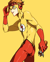 Rule 34 | 1boy, bodysuit, dc comics, doudoude dou, food, freckles, glasses, gloves, goggles, green eyes, kid flash, male focus, mask, orange hair, short hair, simple background, solo, wally west, young justice: invasion