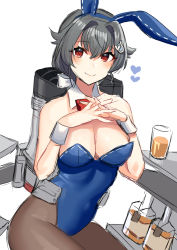 Rule 34 | 1girl, adapted costume, akagi kurage, alcohol, alternate costume, animal ears, black hair, blue leotard, bottle, breasts, detached collar, drink, fake animal ears, hair flaps, hair ornament, heart, highres, jingei (kancolle), kantai collection, large breasts, leotard, long hair, looking at viewer, low ponytail, machinery, pantyhose, playboy bunny, rabbit ears, rabbit tail, red eyes, rigging, simple background, sitting, smokestack, solo, strapless, strapless leotard, swimsuit, tail, whale hair ornament, whiskey, white background