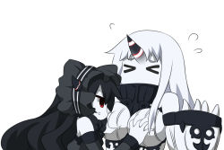 Rule 34 | &gt; &lt;, 10s, 2girls, abyssal ship, anger vein, black hair, breast envy, grabbing another&#039;s breast, detached sleeves, dress, closed eyes, gothic lolita, grabbing, highres, horns, isolated island oni, kantai collection, lolita fashion, long hair, multiple girls, pale skin, red eyes, ribbed dress, seaport princess, shikniful, single horn, white hair