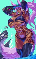 Rule 34 | 1boy, 1girl, abs, absurdres, animal ears, armpits, arms up, bikini, black bikini, breasts, choker, cleavage, collarbone, commentary request, cowboy shot, dantera rina, denim, denim shorts, hair between eyes, hat, highres, huge breasts, hutago, large breasts, long hair, looking at viewer, midriff, muscular, muscular female, navel, navel piercing, original, partially submerged, piercing, pink eyes, ponytail, purple hair, scar, scar across eye, scar on face, shorts, simple background, sperm whale, stomach, swimsuit, tail, tattoo, thick thighs, thighhighs, thighs, wading, water, whale