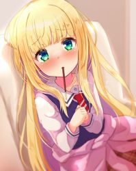 Rule 34 | 1girl, baram, blonde hair, blunt bangs, blush, brown skirt, closed mouth, clothes around waist, collared shirt, commentary request, diagonal-striped clothes, diagonal-striped necktie, diagonal-striped neckwear, food, food in mouth, green eyes, highres, long hair, long sleeves, looking at viewer, mononobe alice, mouth hold, necktie, nijisanji, nose blush, own hands together, plaid, plaid skirt, pocky, red necktie, school uniform, shirt, skirt, solo, striped clothes, striped necktie, striped neckwear, sweater vest, very long hair, virtual youtuber, white shirt