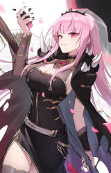 Rule 34 | 1girl, black cape, black tiara, blush, breasts, cape, cleavage, highres, holding, holding scythe, hololive, hololive english, holomyth, jewelry, large breasts, long hair, looking at viewer, mori calliope, mori calliope (1st costume), n2 00345, pink eyes, pink hair, red eyes, scythe, shoulder spikes, smile, solo, spiked cape, spikes, tiara, veil, virtual youtuber
