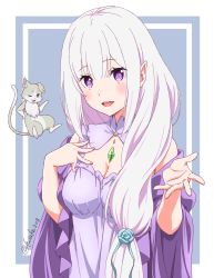 Rule 34 | 1girl, alternate hairstyle, blue flower, blue rose, breasts, cleavage, cleavage cutout, clothing cutout, commentary, emilia (re:zero), flower, fuusuke (fusuke208), gesture, hair down, hair flower, hair ornament, hair over shoulder, hand on own chest, highres, jewelry, looking at viewer, medium breasts, nightgown, open mouth, pendant, pointy ears, puck (re:zero), purple eyes, purple nightgown, purple robe, re:zero kara hajimeru isekai seikatsu, robe, rose, silver hair, smile, solo, standing, twitter username, upper body