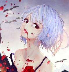 Rule 34 | 1girl, ahoge, bare shoulders, bat (animal), bat wings, blood, blood in mouth, blood on face, collarbone, dripping, eyebrows, eyelashes, fangs, flower, head tilt, highres, looking at viewer, looking to the side, lumo 1121, no headwear, open mouth, petals, portrait, red eyes, red flower, red rose, remilia scarlet, revision, rose, saliva, short hair, sleeveless, solo, strap slip, touhou, wings