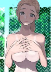 Rule 34 | 1girl, breast lift, breasts, brown hair, chain-link fence, cleavage, closed mouth, collarbone, completely nude, covering privates, covering breasts, dytm, fence, grey eyes, hands up, highres, large breasts, lips, long hair, looking at viewer, nude, original, outdoors, parted hair, ponytail, pool monitor part-timer (dytm), sketch, smile, solo, straight-on, tan, tanline, tareme, underboob, upper body
