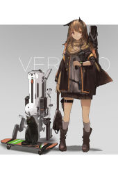 Rule 34 | 1girl, animal ears, bad id, bad pixiv id, bag, belt pouch, black cat, boots, brown eyes, brown hair, cat, cat ears, flower, full body, gradient background, grey background, grey socks, gun, hair flower, hair ornament, highres, jacket, light smile, long hair, looking at viewer, original, pouch, renatus.z, robot, satchel, scarf, skateboard, skirt, socks, solo, standing, thigh strap, walkie-talkie, watch, weapon, wristwatch