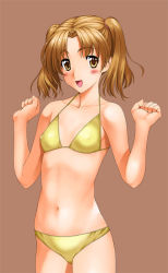 Rule 34 | 1girl, :d, bad id, bad pixiv id, bare shoulders, bikini, blush, brown background, brown eyes, brown hair, collarbone, covered erect nipples, flat chest, kamia (not found), kurumi mayu, looking at viewer, navel, open mouth, original, short hair, simple background, smile, solo, standing, swimsuit, thigh gap, twintails, yellow bikini