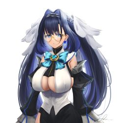 Rule 34 | 1girl, blue bow, blue eyes, blue hair, bow, bow earrings, breasts, chain, chain headband, cleavage, cleavage cutout, clothing cutout, commentary, detached sleeves, earrings, glasses, hair intakes, head chain, highres, hololive, hololive english, jewelry, large breasts, long hair, long sleeves, ouro kronii, ouro kronii (1st costume), parted lips, shiina rei, shirt, signature, simple background, solo, twintails, veil, very long hair, virtual youtuber, white background, white shirt