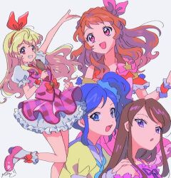 4girls :d aikatsu! aikatsu!_(series) blonde_hair blue_eyes blue_hair blue_scrunchie bow bow_hairband brown_hair frilled_skirt frills hair_bow hairband holding holding_spoon hoshimiya_ichigo kiriya_aoi long_hair looking_at_viewer multiple_girls one_side_up open_mouth orange_hair ozora_akari pink_bow pink_eyes pink_skirt puffy_short_sleeves puffy_sleeves purple_eyes red_bow red_eyes red_hairband rituyama1 scrunchie shamoji shibuki_ran shirt shoes short_sleeves side_ponytail simple_background skirt smile spoon standing standing_on_one_leg white_background white_shirt wooden_spoon