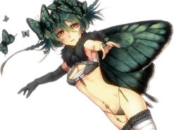 Rule 34 | 1girl, bad id, bad pixiv id, breasts, brown eyes, bug, butterfly, butterfly wings, elbow gloves, gloves, green hair, insect, insect wings, nabenko, navel, original, solo, thighhighs, wings