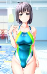 Rule 34 | 1girl, absurdres, aqua one-piece swimsuit, blurry, blurry background, clothes writing, collarbone, commentary request, competition swimsuit, green eyes, grey hair, highres, indoors, looking at viewer, medium hair, multicolored clothes, multicolored swimsuit, one-piece swimsuit, original, pool, poolside, short hair, smile, solo, swimsuit, takafumi, thigh gap