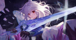 Rule 34 | 1girl, absurdres, bare shoulders, black gloves, blue sleeves, c1718259, closed mouth, crystal sword, detached sleeves, expressionless, gloves, hair between eyes, high ponytail, highres, holding, holding sword, holding weapon, honkai: star rail, honkai (series), ice shard, jingliu (honkai: star rail), long hair, looking at viewer, red eyes, solo, sword, weapon, white hair